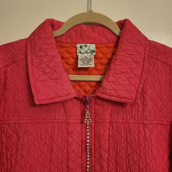Quacker Factory XL SILK Vibrant Pink Orange lined Quilted Jacket bling zipper - Picture 3 of 11
